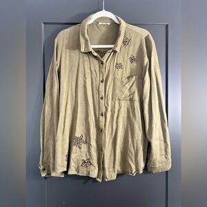Mystree Army Green Button Up Blouse with Cheetah Stars Size M